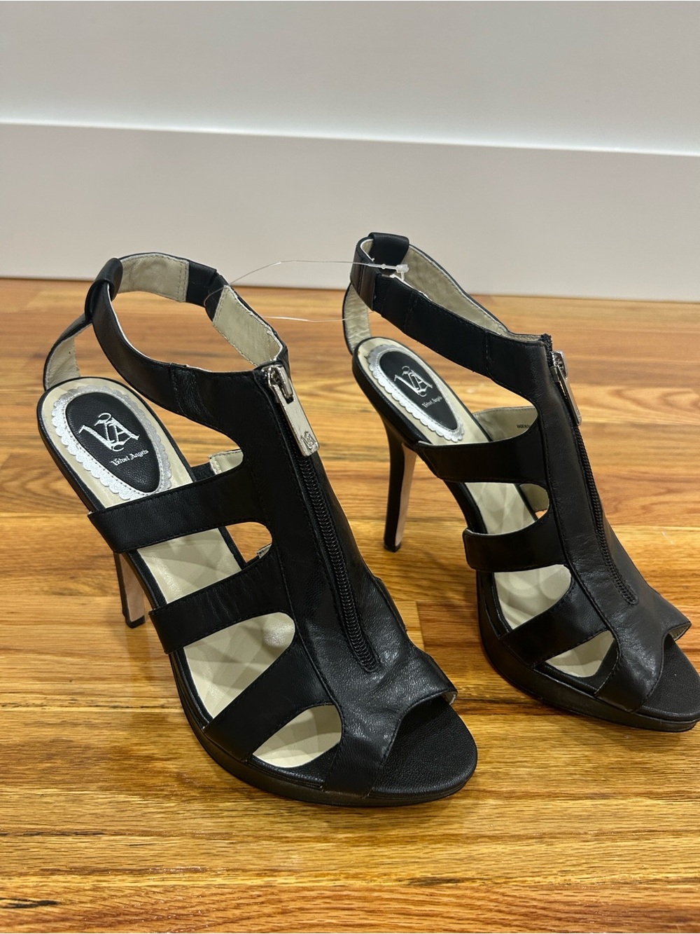 Velvet Angels Mondrian Black Open-Toe Zip Front High Heel Sandals